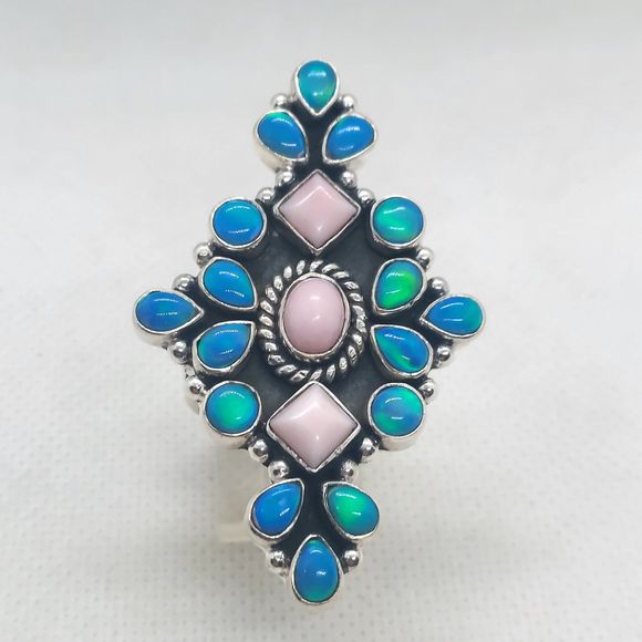 Sterling‎ silver 925 pink and blue opal statement ring adjustable